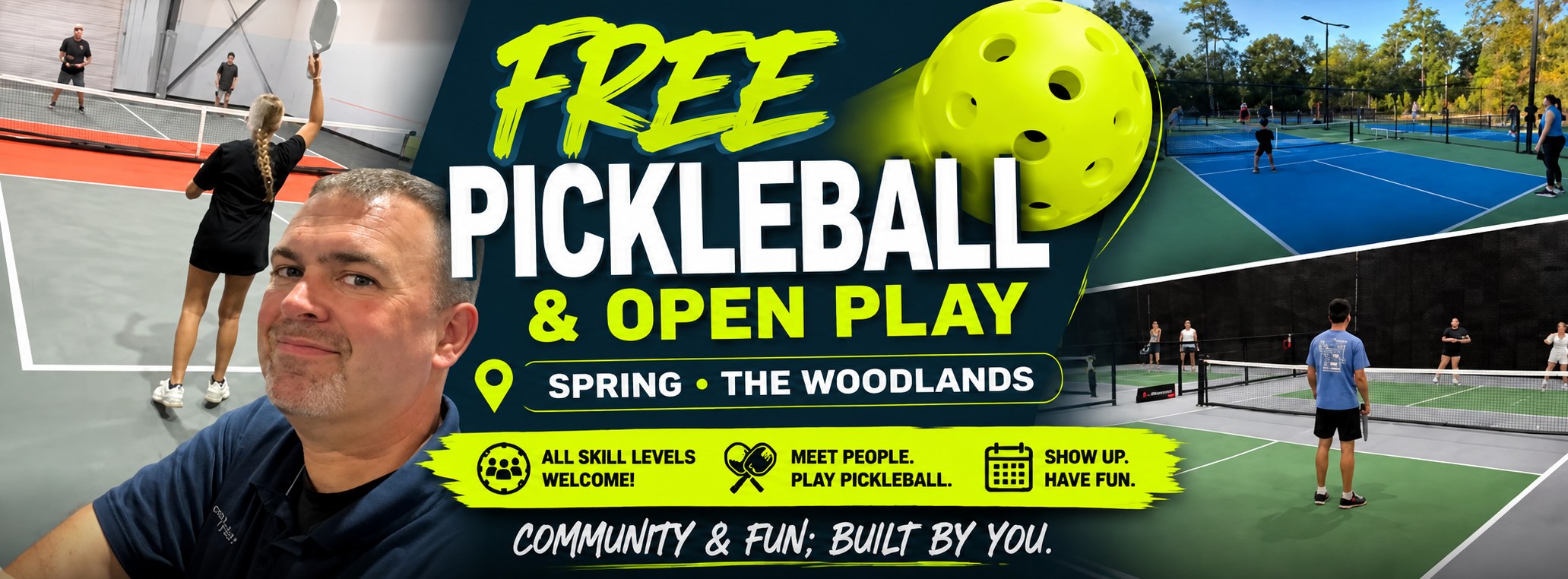 Free Pickleball & Open Play — Spring and The Woodlands. All skill levels welcome. Community and fun, built by you.